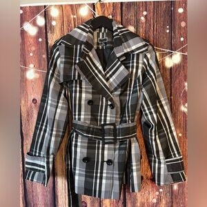 Renuar Black and White Plaid Trench Coat